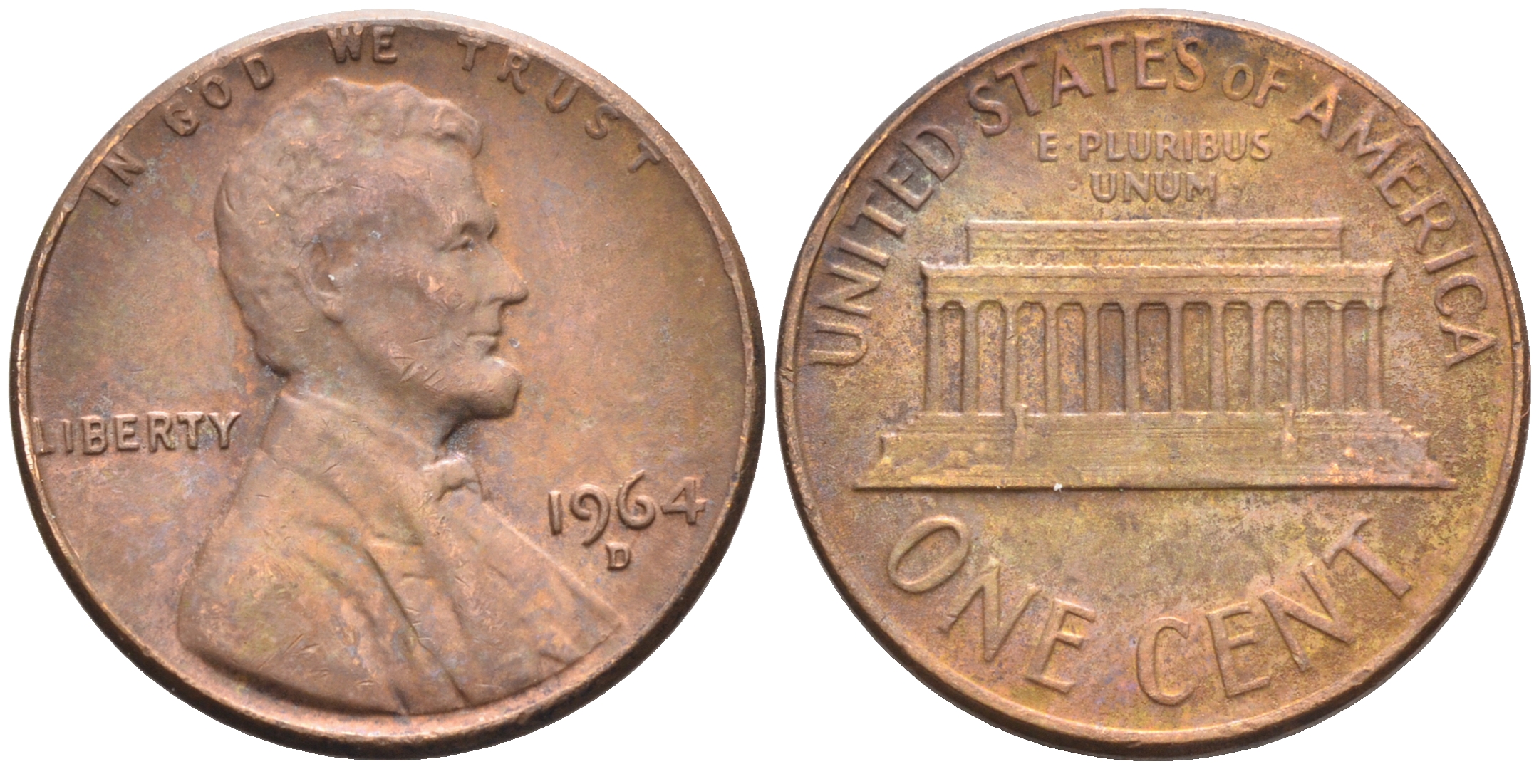 США 1 ЦЕНТ 1964 D, ЛИНКОЛЬН KM 201 медь цинк 4588-359