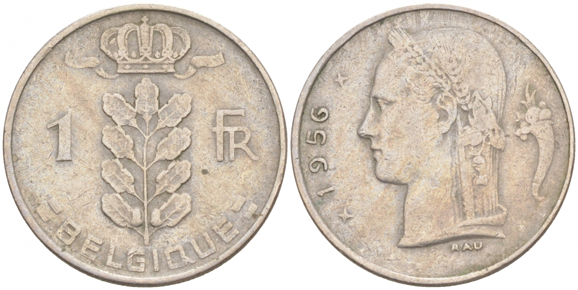 БЕЛЬГИЯ 1 ФРАНК 1956 BELGIQUE KM 142.1 медно-никель 68-334