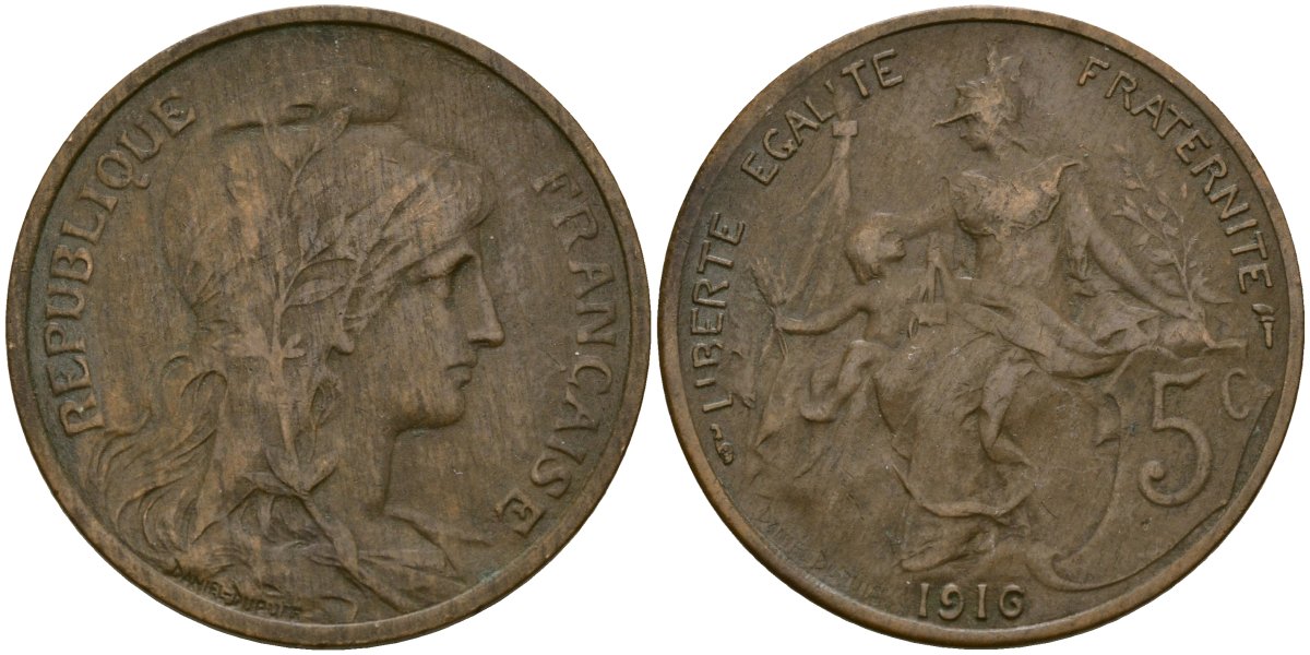 Франция 5 сантимов 1916 KM 842, Le Franc 119.5 бронза 51-2533