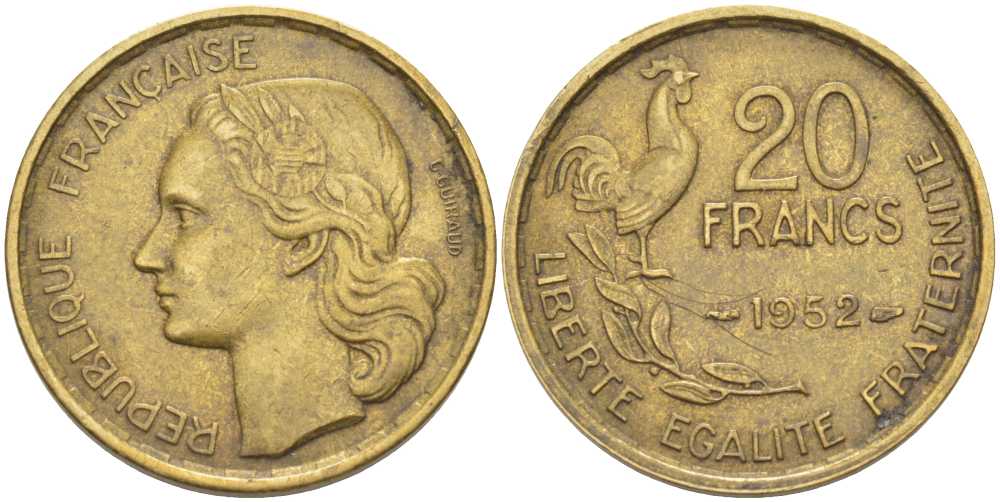 ФРАНЦИЯ 20 ФРАНКОВ 1952 4 ПЕРА KM 917.1, LE FRANC 402.9 алюминиевая бронза 175-645