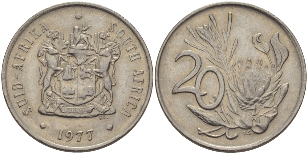 ЮАР 20 ЦЕНТОВ 1977 ГЕРБ, ЦВЕТОК ПРОТЕЯ KM 85 никель 67-451