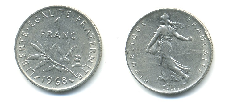 ФРАНЦИЯ 1 ФРАНК 1968 СЕЯТЕЛЬ KM 925.1 никель 57-145