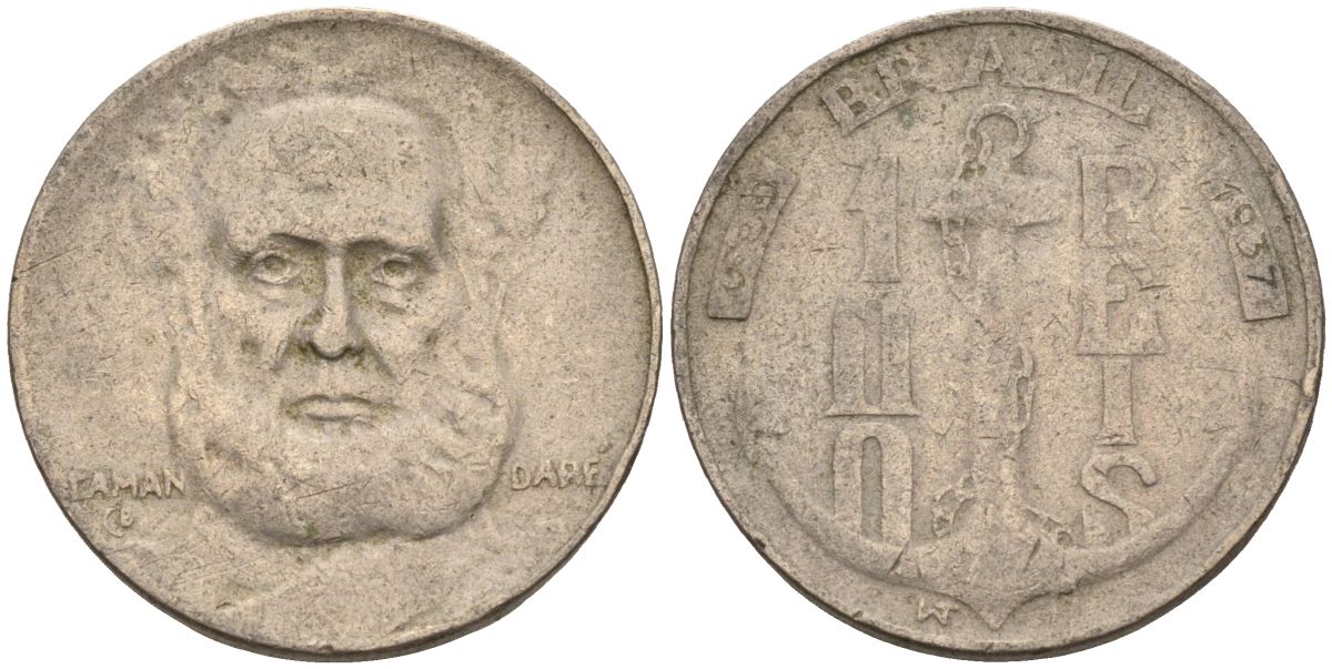 Бразилия 100 рейс 1937 Маркиз Тамандаре KM 536 медно-никель 4115-561