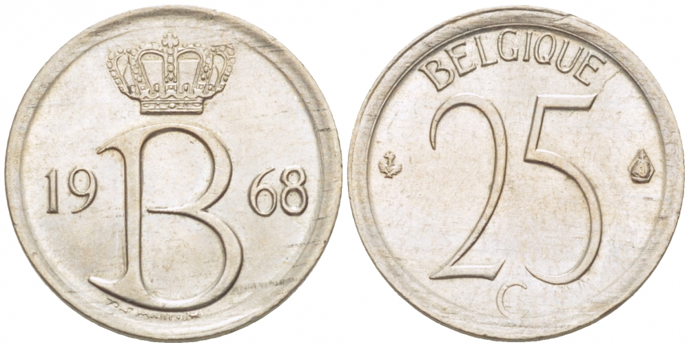 Бельгия 25 сантимов 1968 Belgique, Бодуэн I (1951-1993) KM 153.1 медно-никель UNC 3996-1012