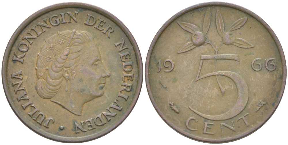 НИДЕРЛАНДЫ 5 ЦЕНТОВ 1966 ЮЛИАНА (1948-1980) KM 181 бронза 213-1045