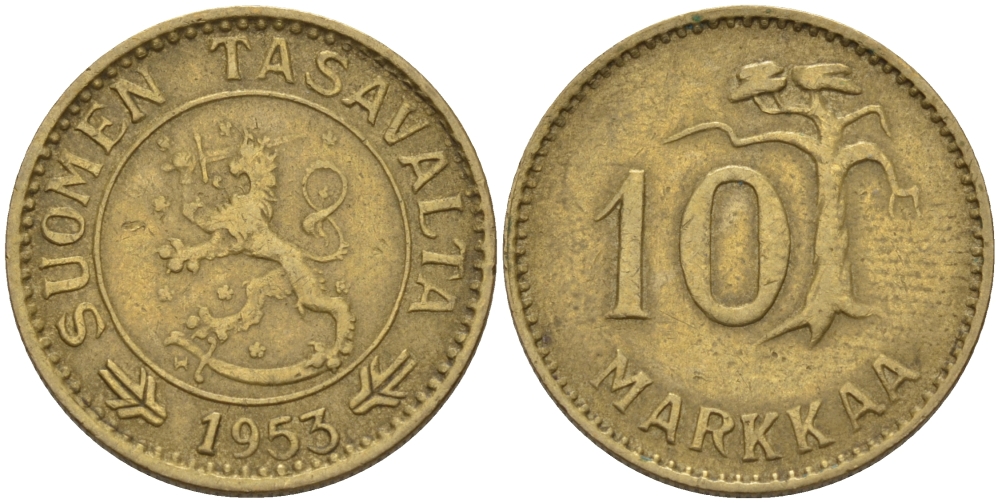 ФИНЛЯНДИЯ 10 МАРОК 1953 Н KM 38 алюминиевая бронза 67-842