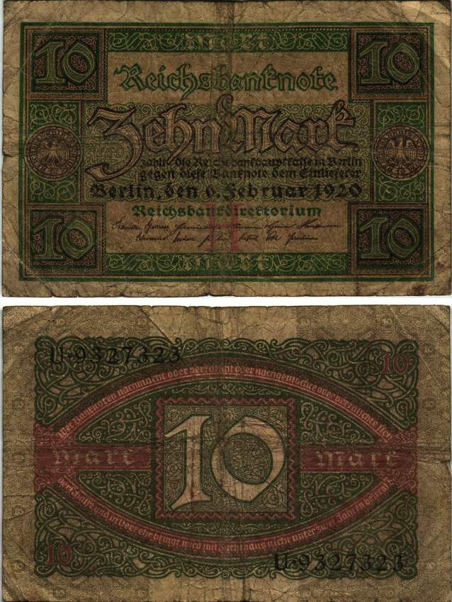 ГЕРМАНИЯ 10 МАРОК 1920 6 ФЕВРАЛЯ 1920, БУКВА H, СЕРИЯ U, СЕМЬ ЦИФР В НОМЕРЕ Pick 67а, Rosenberg 63а бумага 8616-14-1-2