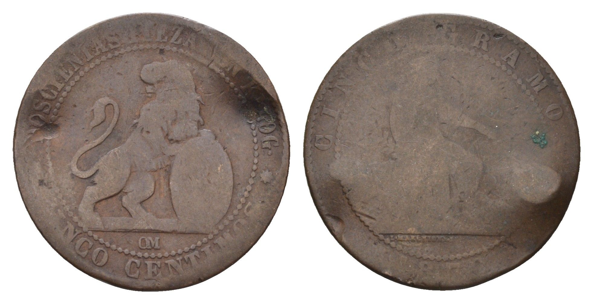 Испания 5 сентимо 1870 ОМ, лев со щитом KM 662 медь 4703-247