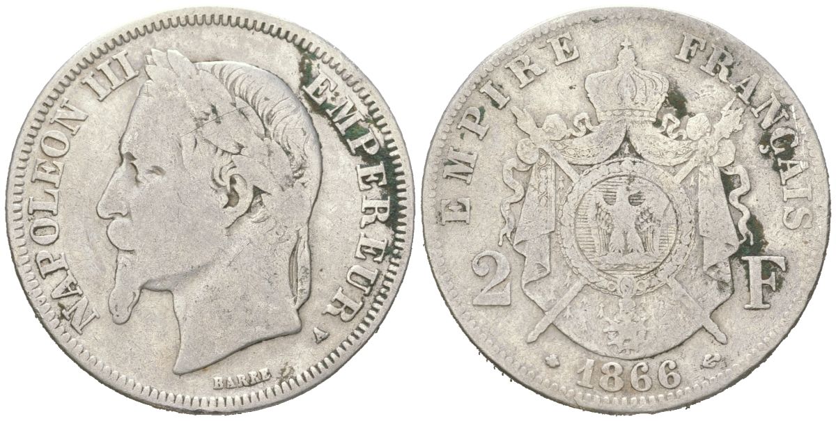 Франция 2 франка 1866 A, Наполеон III (1852-1870) KM 807.1 серебро 4044-431