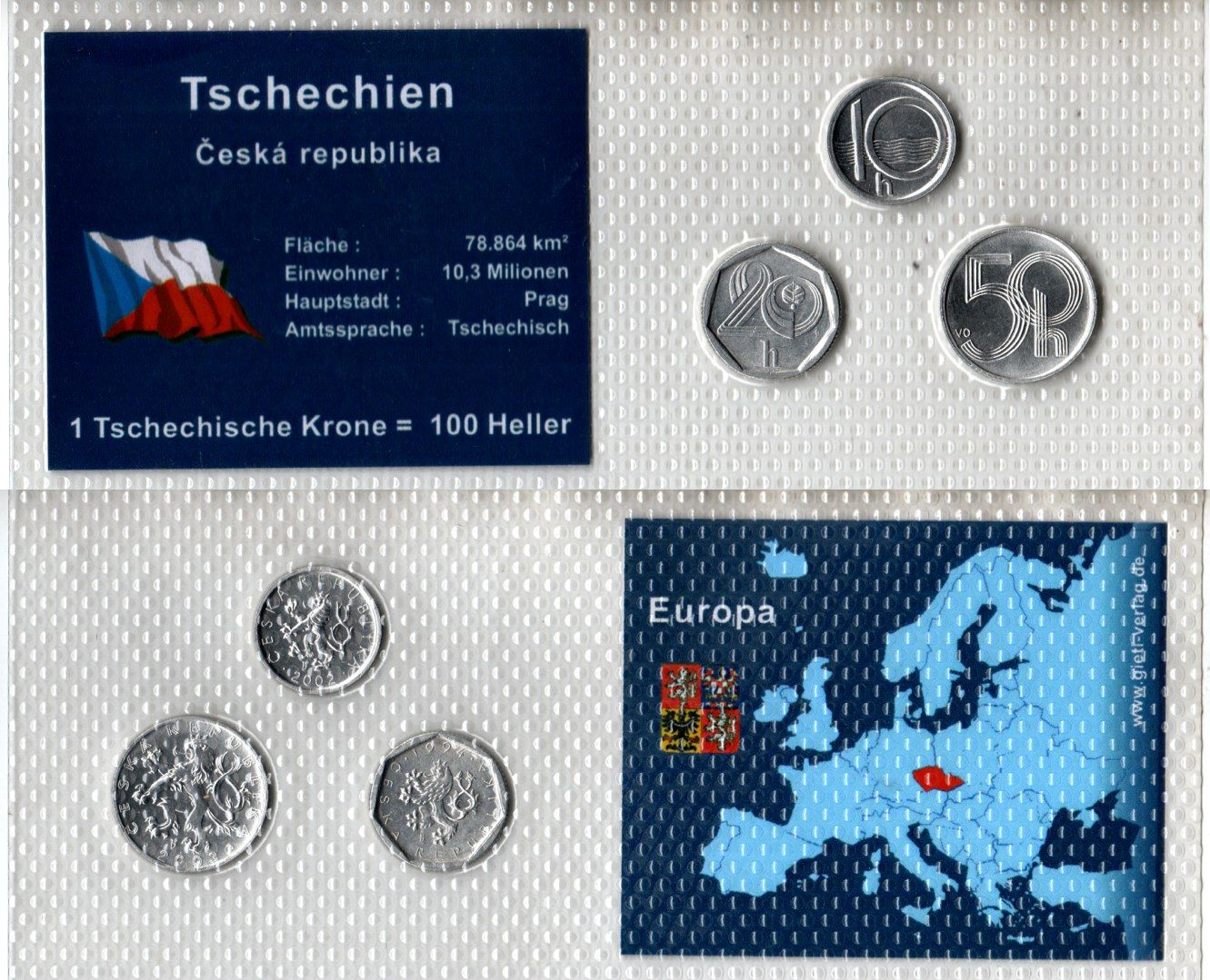 Чехия набор из 3 монет (10, 20 и 50 геллеров) 1994, 2002 и 2003 в красочной упаковке с информацией о стране KM 2.1, 3.1 и 6 алюминий UNC 2-6-3-77