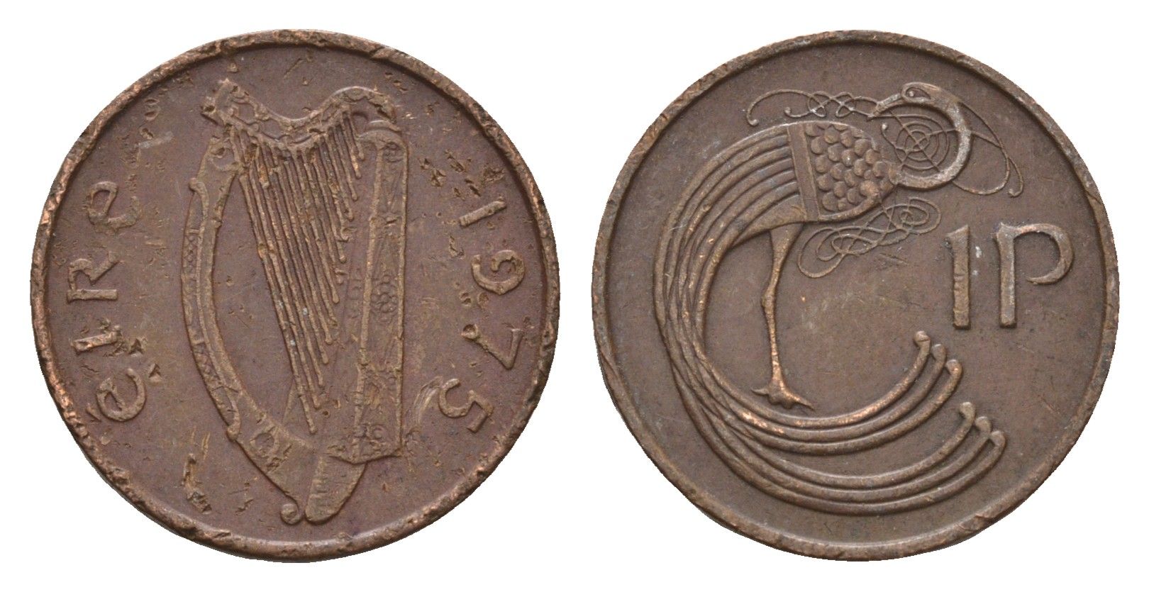 Ирландия 1 пенни 1975 мифологическая птица лира KM 20 бронза 4687-926