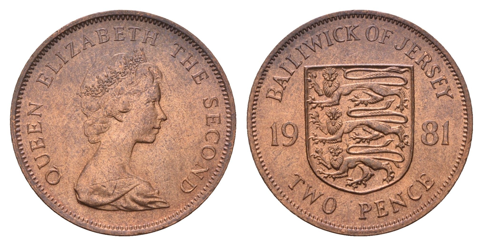 Джерси 2 пенса 1981 год-тип, герб, Елизавета II (1952-2022) KM 47 бронза aUNC 60-935