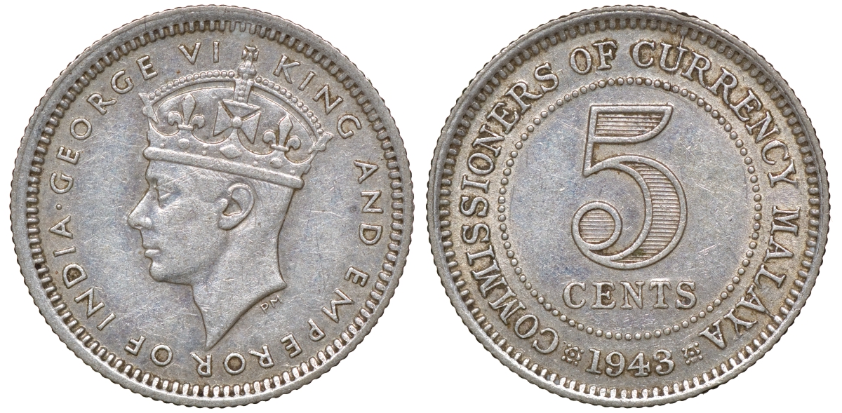 Британская Малайя 5 центов 1943 Георг VI (1937-1952) KM 3a серебро 53-147