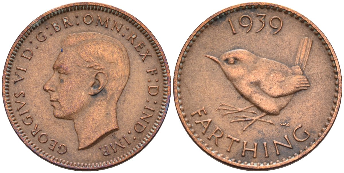 Великобритания 1 фартинг 1939 Георг VI (1936-1952) KM 843, Spink 4116 бронза 4571-322