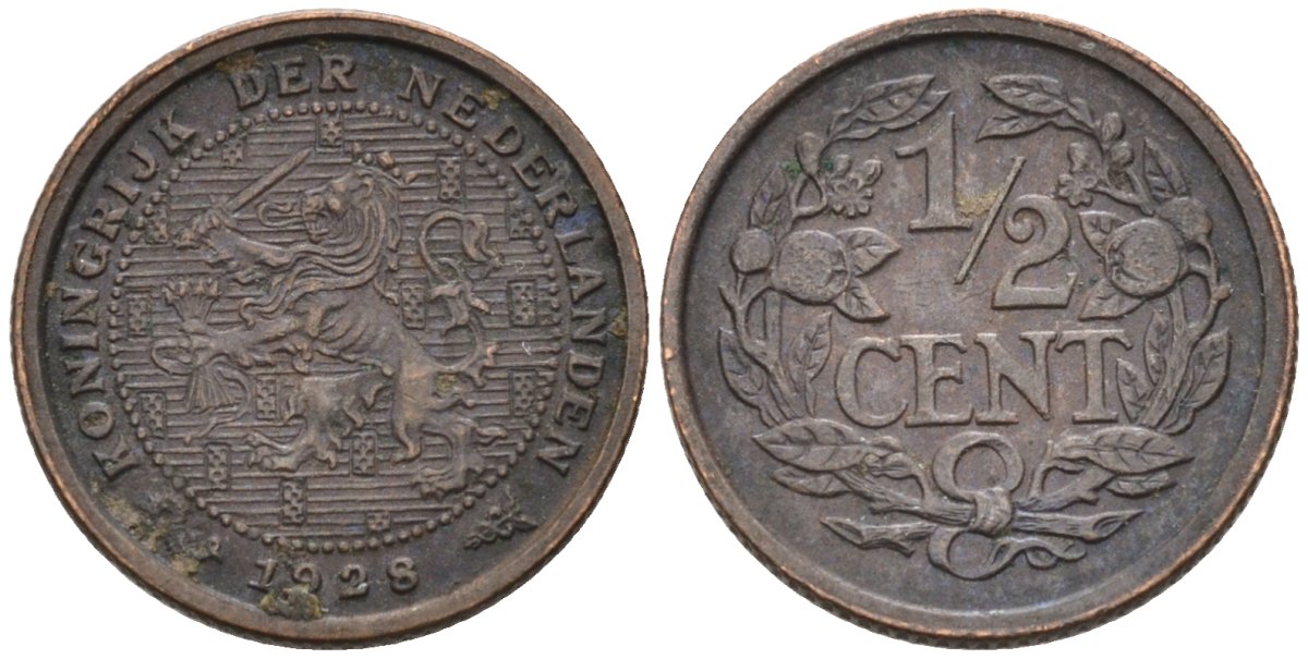 Нидерланды 1/2 цента 1928 Вильгельмина (1890-1948) KM 138 бронза 4576-458