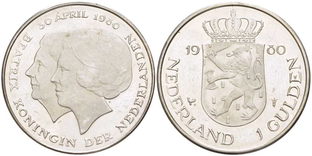 Нидерланды 1 гульден 1980 на коронацию Беатрикс, 30 апреля 1980 KM 200 никель 213-1244