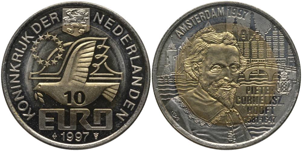 НИДЕРЛАНДЫ 10 ЕВРО 1997 ПИТЕР КОРНЕЛИСОН ХОФТ (1581-1647) биметалл UNC 69-845