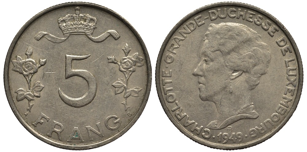 Люксембург 5 франков 1949 Великая герцогиня Шарлотта (1919-1964) KM 50 медно-никель 4536-522