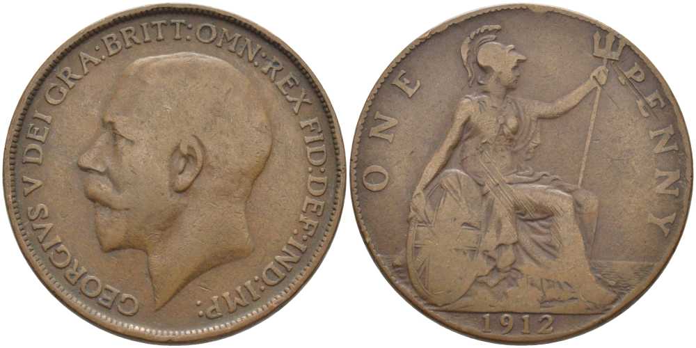 Великобритания 1 пенни 1912 Георг V (1910-1936) KM 810, Spink 4051 бронза 111-1223