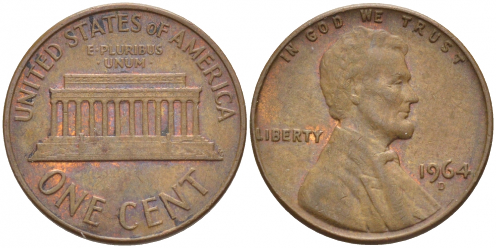 США 1 ЦЕНТ 1964 D, ЛИНКОЛЬН KM 201 медь цинк 3851-1039