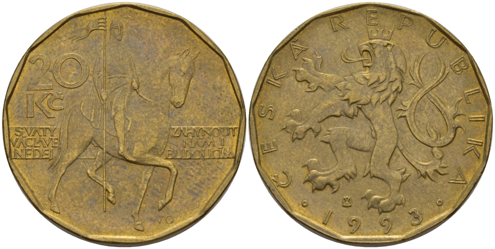 Чехия 20 крон 1993 чешский лев, герцог Вацлав на коне KM 5 сталь плакированная латунью 67-854