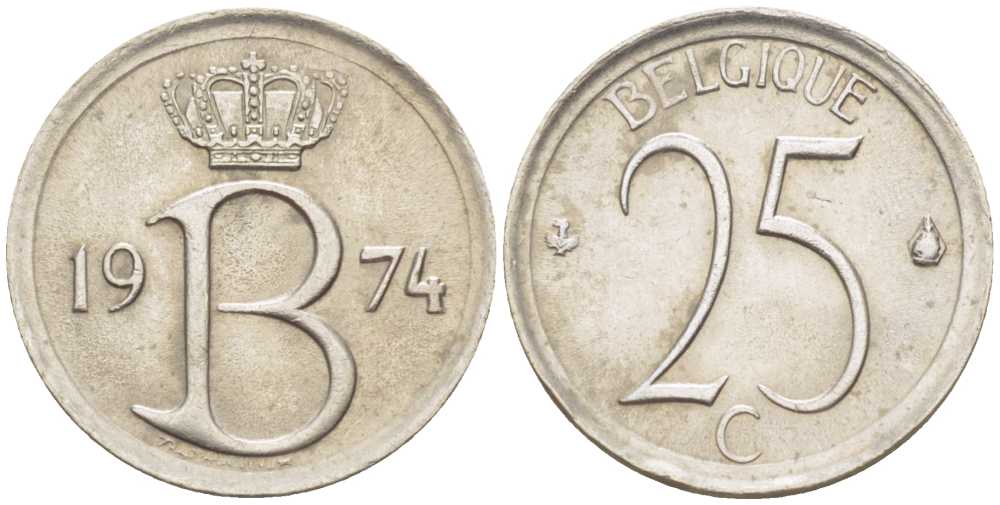 БЕЛЬГИЯ 25 САНТИМОВ 1974 BELGIQUE, БОДУЭН I (1951-1993) KM 153.1 медно-никель 214-439