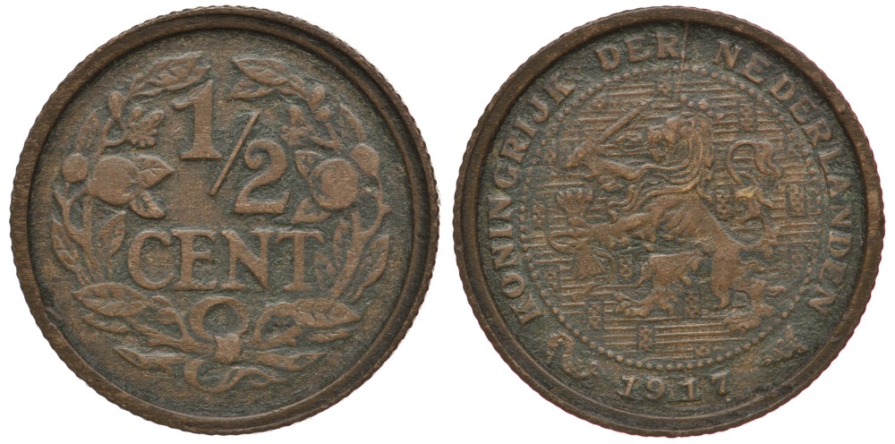 НИДЕРЛАНДЫ 1/2 ЦЕНТА 1917 ВИЛЬГЕЛЬМИНА I (1890-1948) KM 138 бронза 4381-646