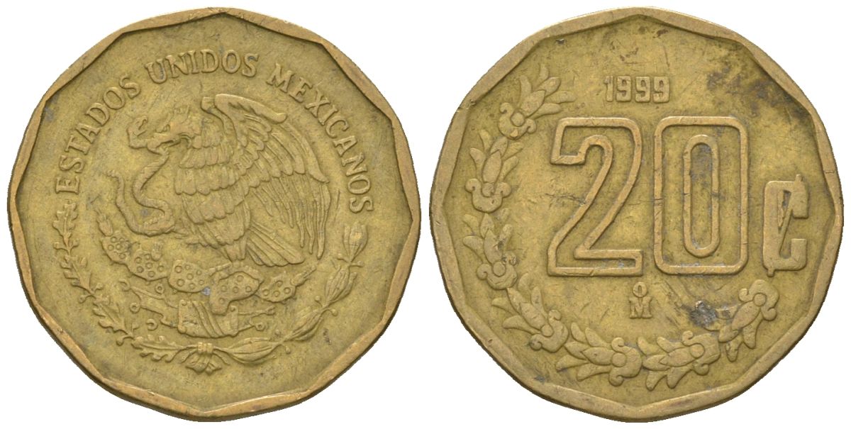 Мексика 20 сентаво 1999 M KM 548 алюминиевая бронза 4598-715