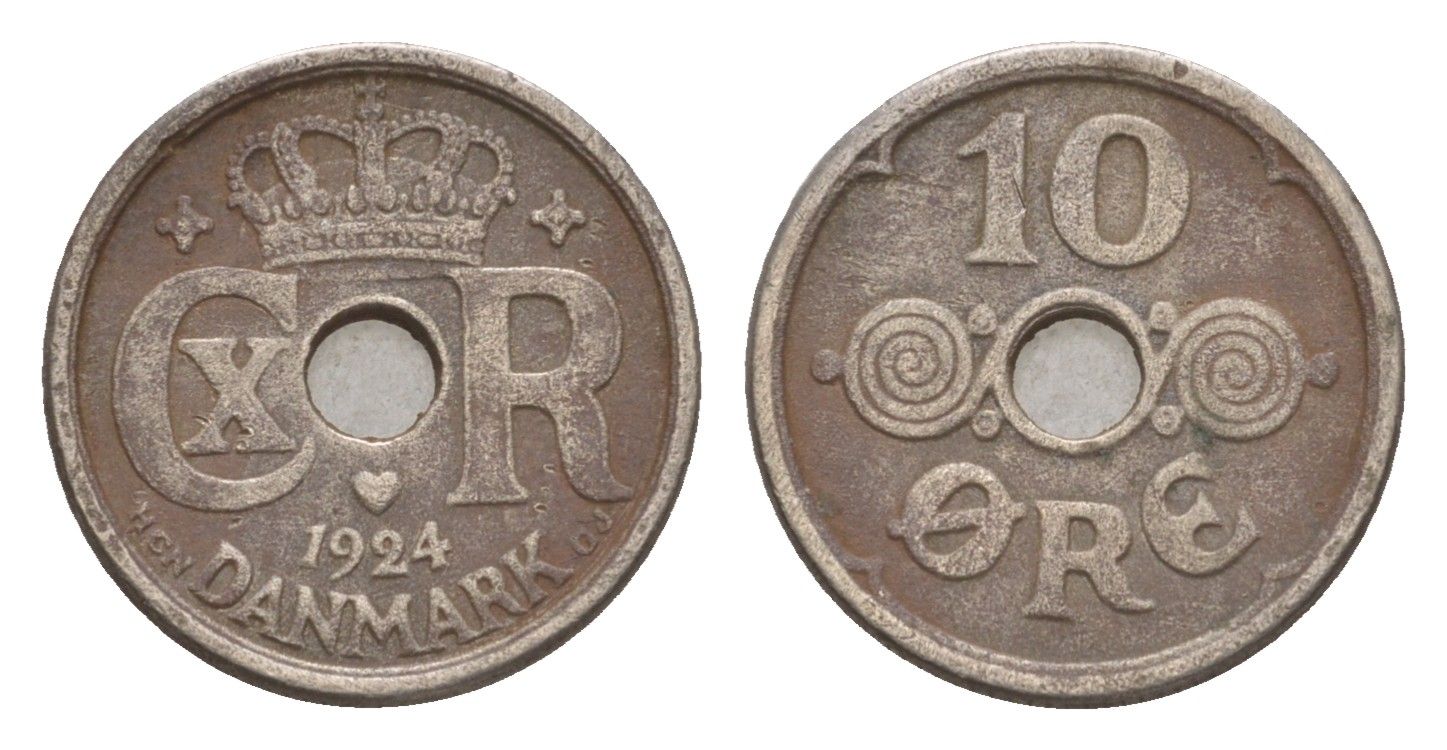 Дания 10 эре 1924 HCN, Кристиан X (1912-1947) KM 822 медно-никель 4658-265