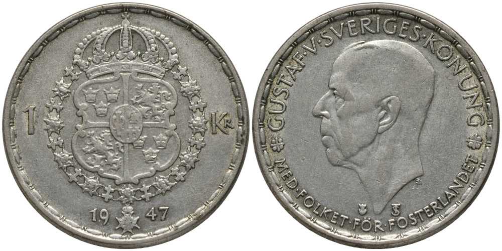 Швеция 1 крона 1947 TS, Густав V (1907-1950) KM 814 серебро 202-537