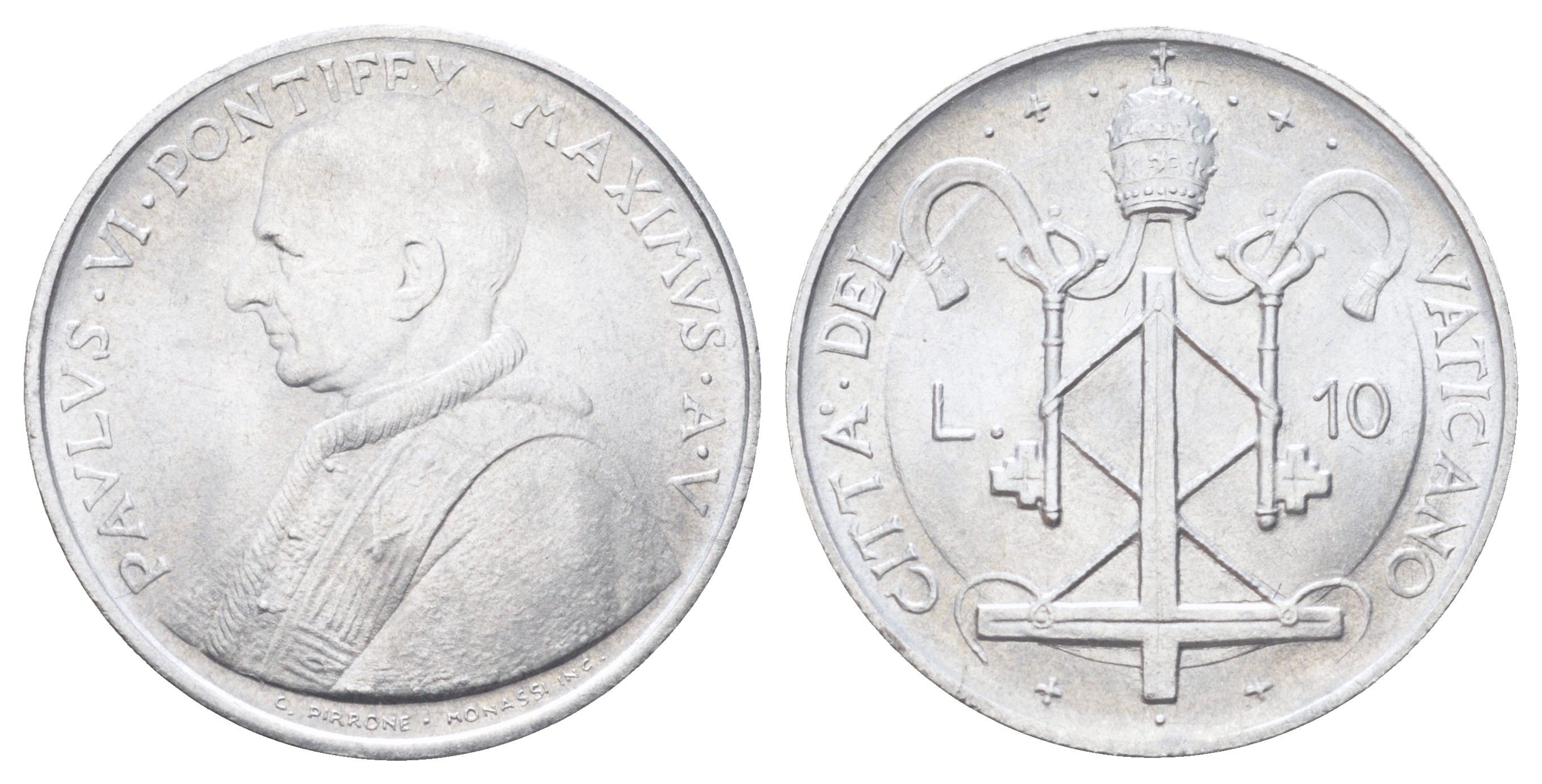 Ватикан 10 лир 1967 MCMLXVII, год-тип KM 95 алюминий UNC 4700-632