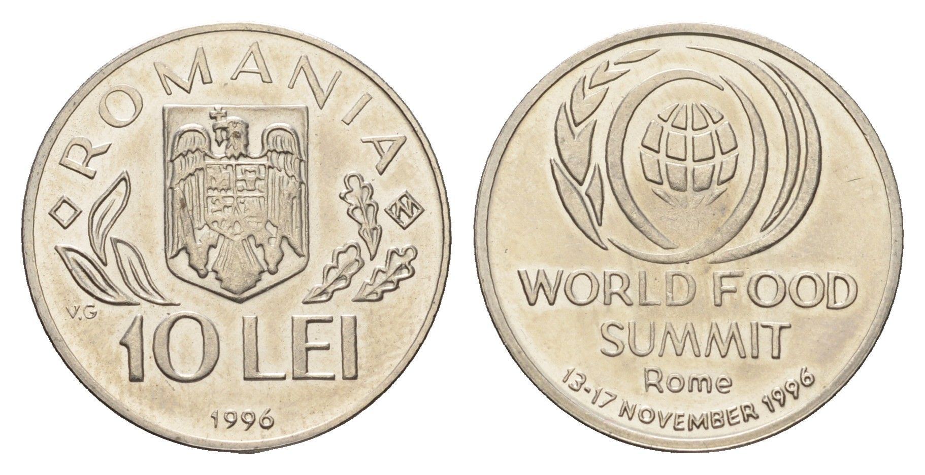 Румыния 10 леев 1996 N, Международный продовольственный саммит в Риме KM 126 сталь плакировнная никелем UNC 11-264-24