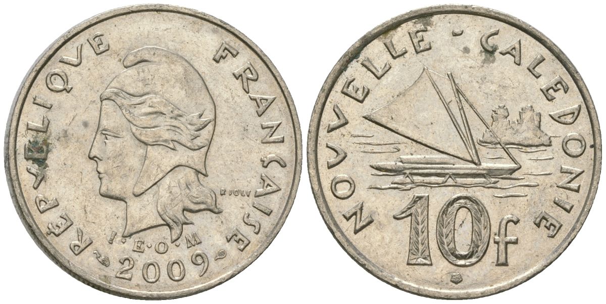 Французская Новая Каледония 10 франков 2009 рыбачья парусная лодка, (IEOM) KM 11a, Schoen 13a, Lec 99k медно-никель 61-1123