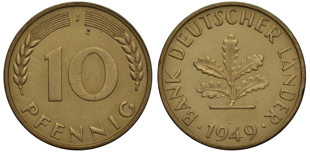 ФРГ 10 пфеннигов 1949 J KM 103, J.378 сталь плакированная латунью 650-1724