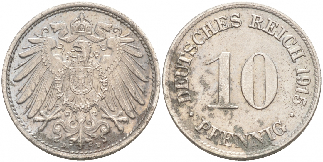 ГЕРМАНИЯ 10 ПФЕННИГОВ 1915 D J. 13, KM 12 медно-никель 73-1621