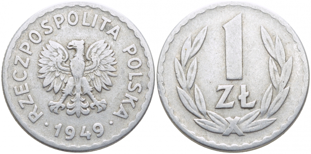 ПОЛЬША 1 ЗЛОТЫЙ 1949 KM 45а алюминий 110-1015