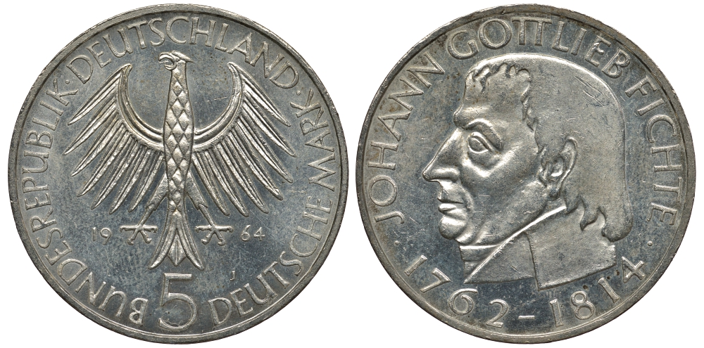 ФРГ 5 марок 1964 J, 150 лет со дня смерти Иоганна Готлиба Фихте J. 393, KM 118.1 серебро 1520-745