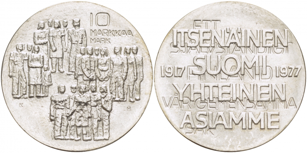 Финляндия 10 марок 1977 K-H, 60 лет независимости (1917-1977) KM 55 серебро UNC 1515-1422