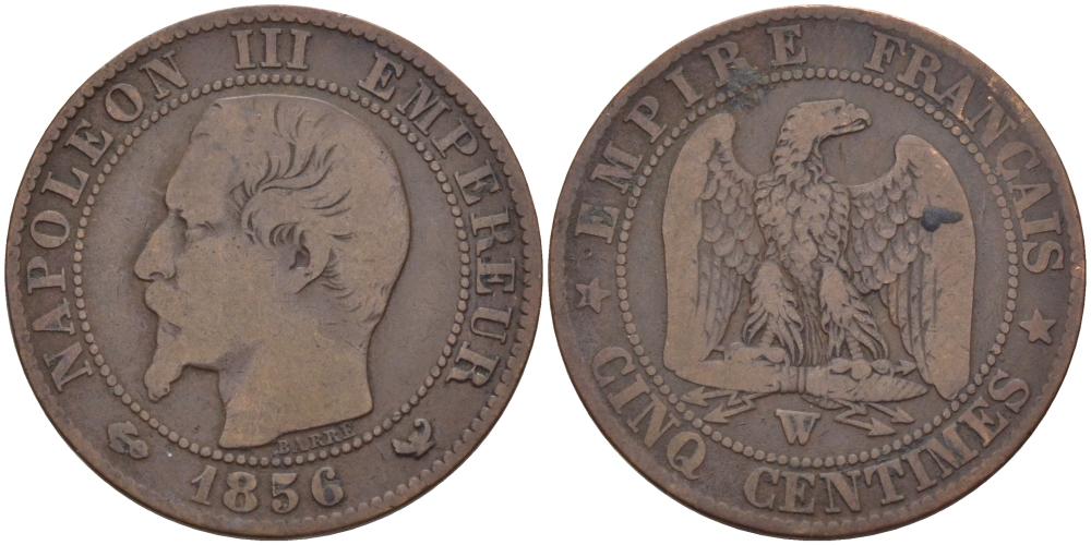 ФРАНЦИЯ 5 САНТИМОВ 1856 W, НАПОЛЕОН III (1852-1870) KM 777.7, LA FRANC 116.36 бронза 28-643