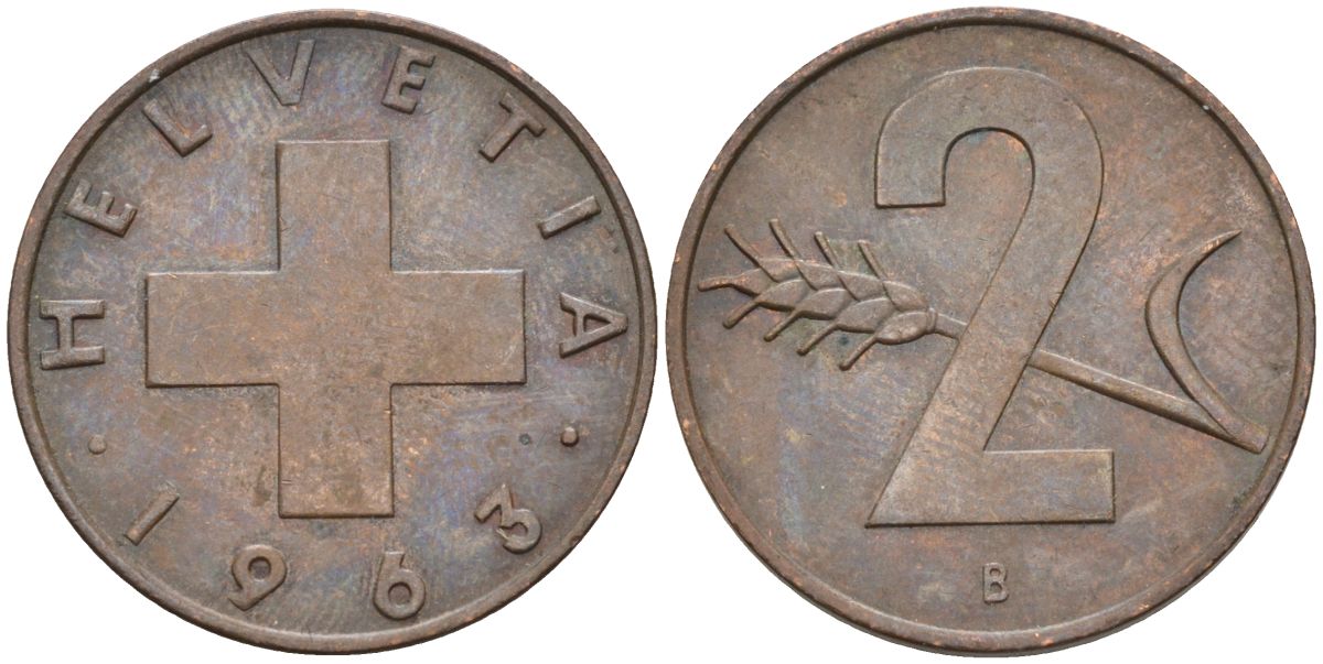 Швейцария 2 раппена 1963 В KM 47 бронза 4586-932