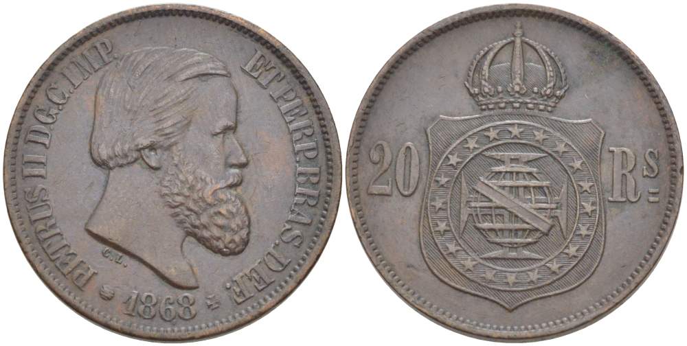 Бразилия 20 рейсов 1868 Педро II (1831-1889) KM 474 бронза 4529-513