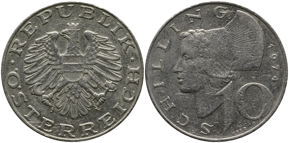 АВСТРИЯ 10 ШИЛЛИНГОВ 1974 KM 2918 никель плакированный медно-никелем 33-721