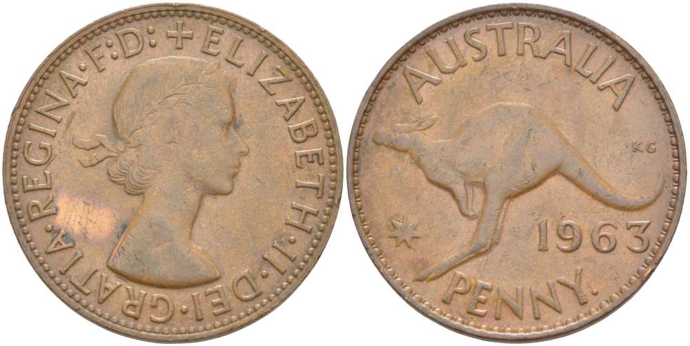 АВСТРАЛИЯ 1 ПЕННИ 1963 р, ЕЛИЗАВЕТА II (1953-), КЕНГУРУ KM 56 бронза 4521-111