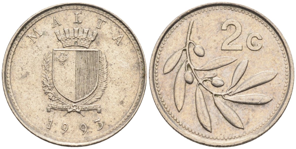 Мальта 2 цента 1993 оливковая ветвь KM 94 медно-никель 188-461
