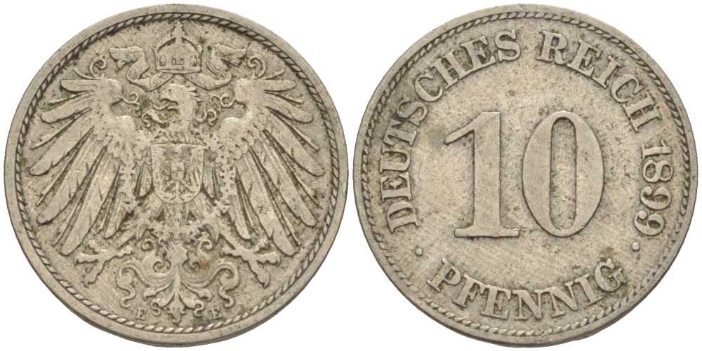 ГЕРМАНИЯ 10 ПФЕННИГОВ 1899 E KM 12, J. 13 медно-никель 4401-1057