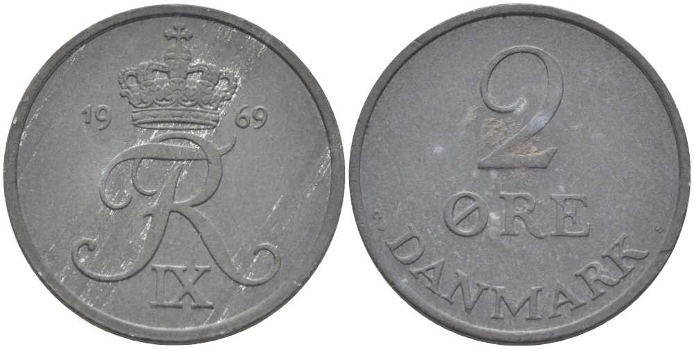ДАНИЯ 2 ЭРЕ 1969 C; S, ФРЕДЕРИК IX (1947-1972) KM 840.2 цинк 67-444