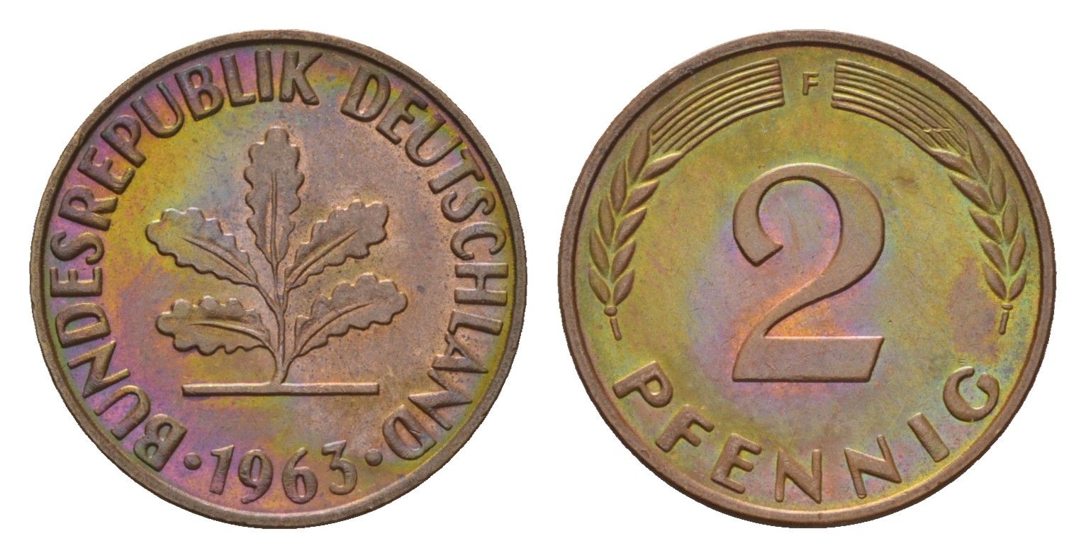 ФРГ 2 пфеннига 1963 F KM 106, J. 381 бронза 4682-1068