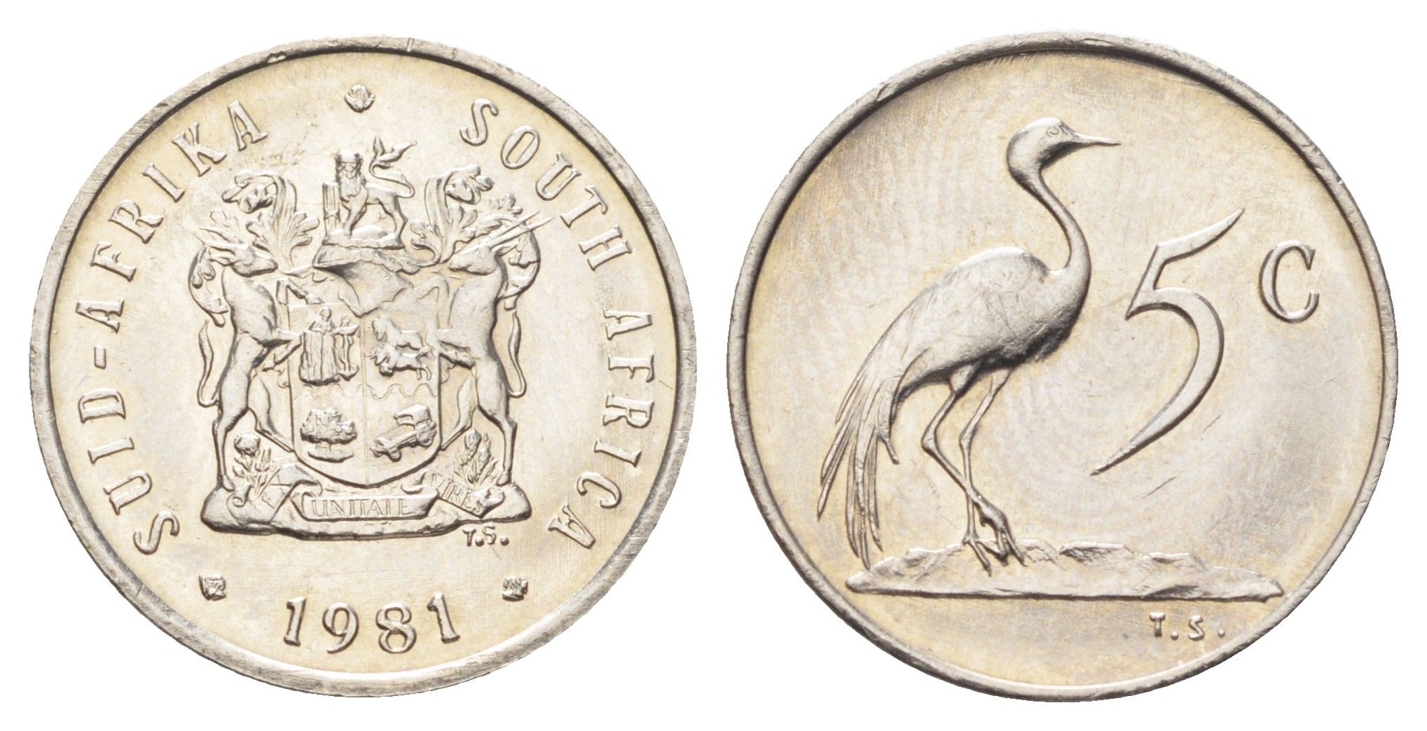 ЮАР 5 центов 1981 герб, райский журавль KM 84 никель UNC 4696-962
