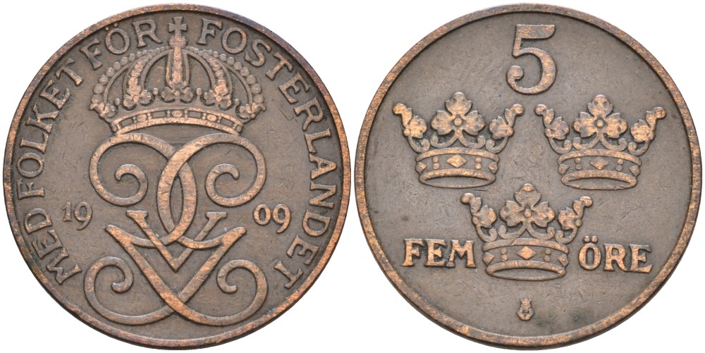 Швеция 5 эре 1909 Густав V (1907-1950), большой крест KM 779.2 бронза 4557-535