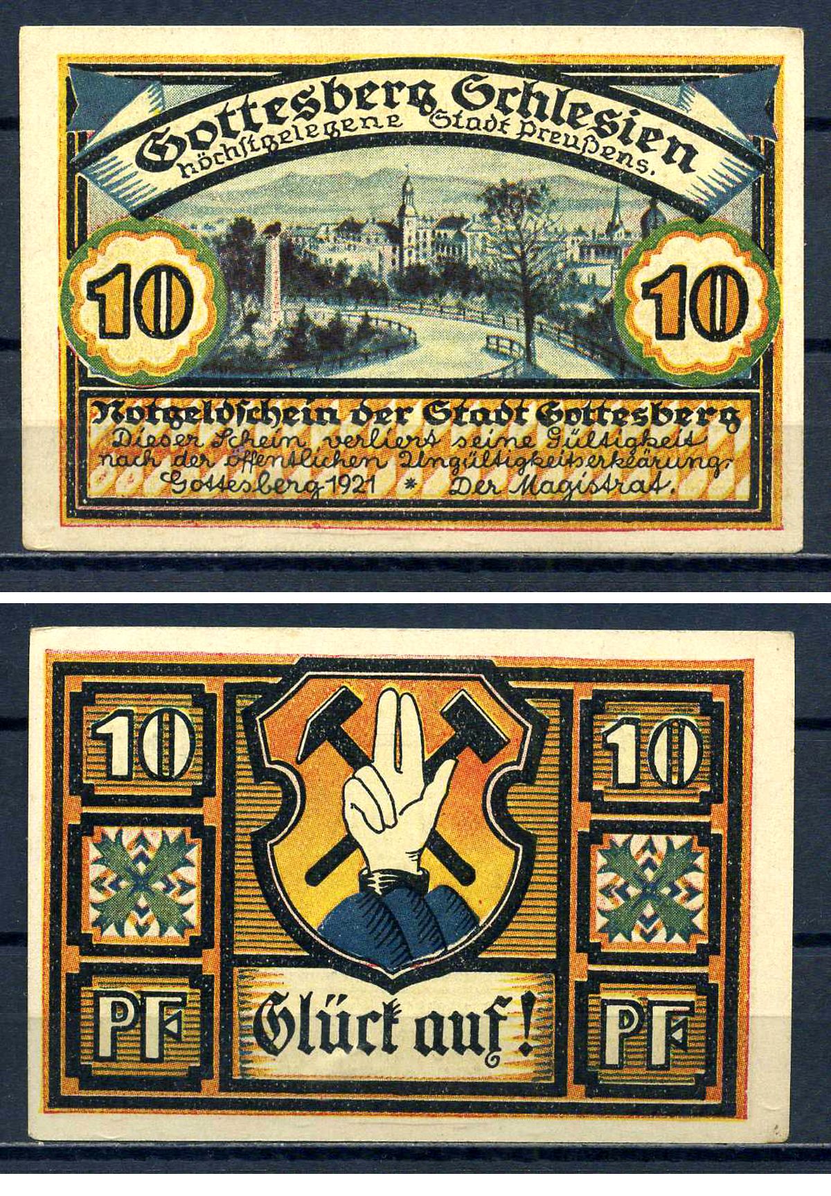 Геттисберг (Силезия, Пруссия) 10 пфеннигов 1921 Gottesberg бумага UNC (пресс) 7556-19-3-2